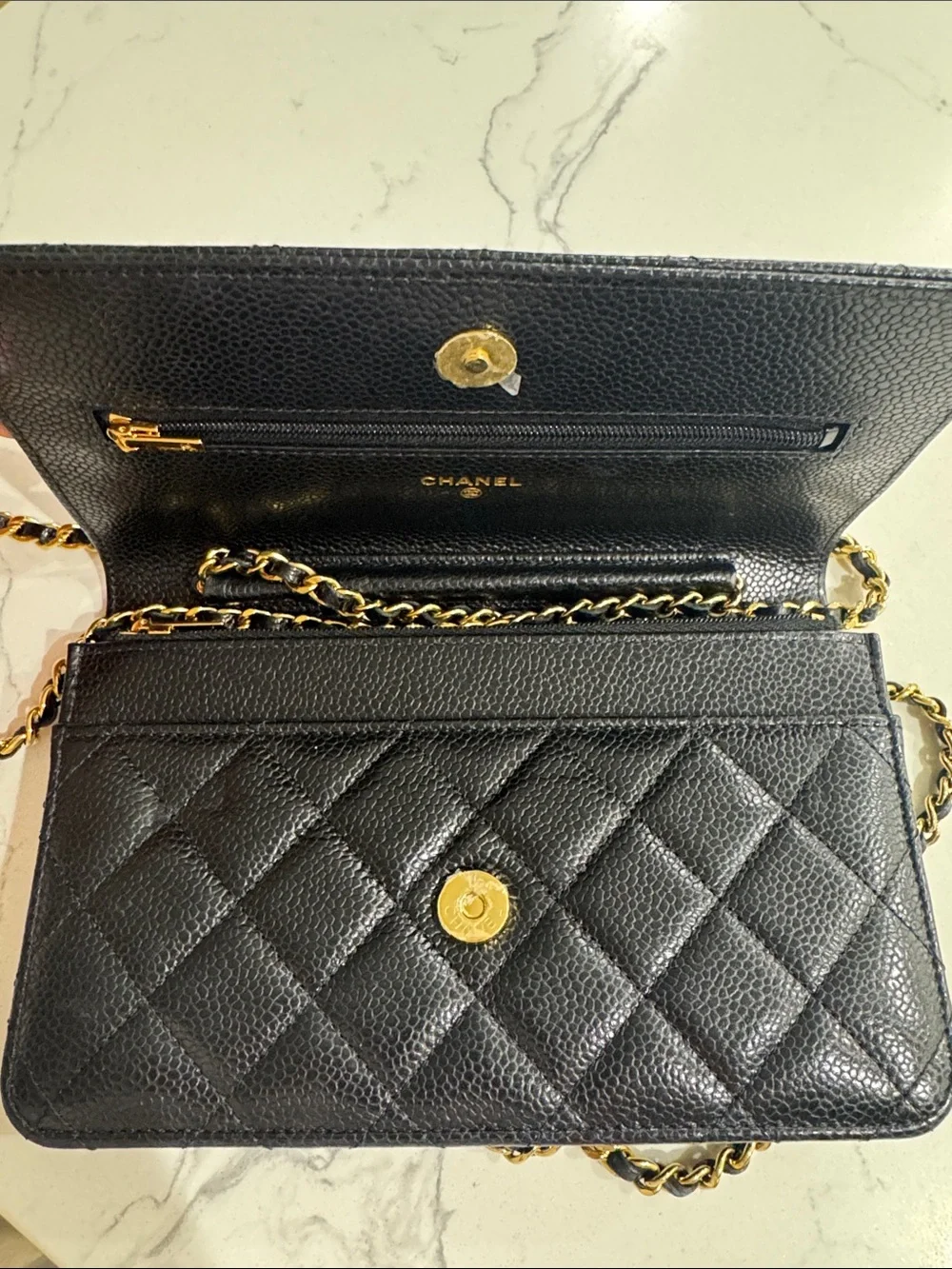 CHANEL wallet on chain Black Quilted Caviar Leather Gold Chain